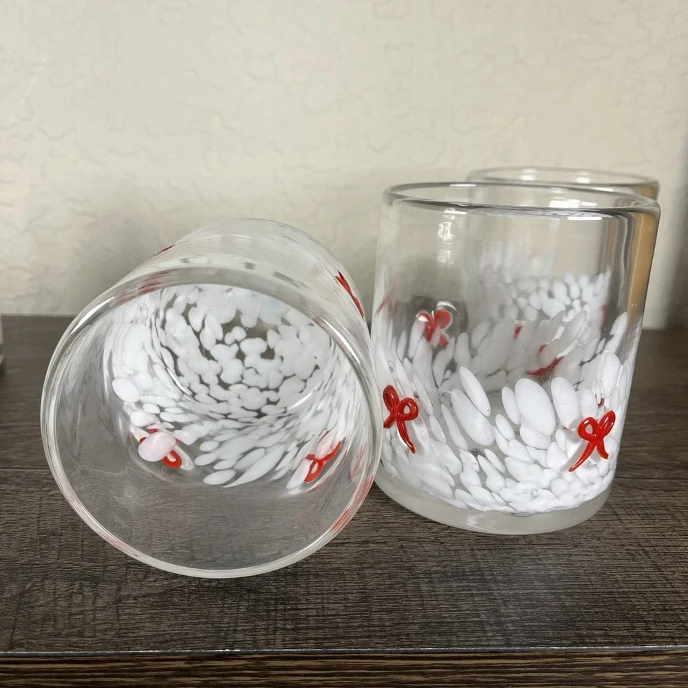 Bubble Glass Swirl Red Bow Tumblers 4 Christmas in July Anthro Style Kitsch